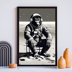 Arte digital imprimible de gorila astronauta, decoración de habitación, habitación infantil, descarga digital de arte mural, arte con IA, póster de planeta con impresiones de astronauta