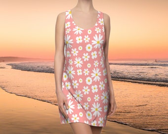 Vestido de playa para mujer melocotón verano vestido de corte floral / vestido de sol / vestidos estilo camiseta sin mangas / vestido retro / corte y costura vestido racerback para el verano