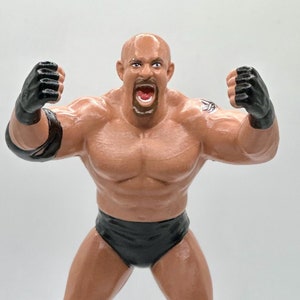May include: A black and brown action figure of a wrestler with a bald head, black knee pads, black boots, and a black wrestling outfit. The figure is posed with its arms raised in a triumphant gesture.