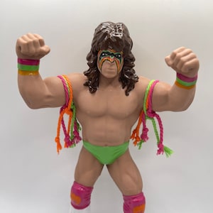 Könnte beinhalten: Eine Wrestling-Actionfigur mit braunen Haaren, einem grün-rosa Outfit und einem bemalten Gesicht mit einem rot-gelb-blauen Design. Die Figur ist mit erhobenen Armen und geballten Fäusten posiert.