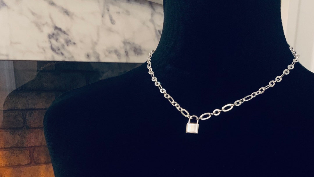 925 Working Padlock Choker Necklace/ Solid Sterling Silver Etsy