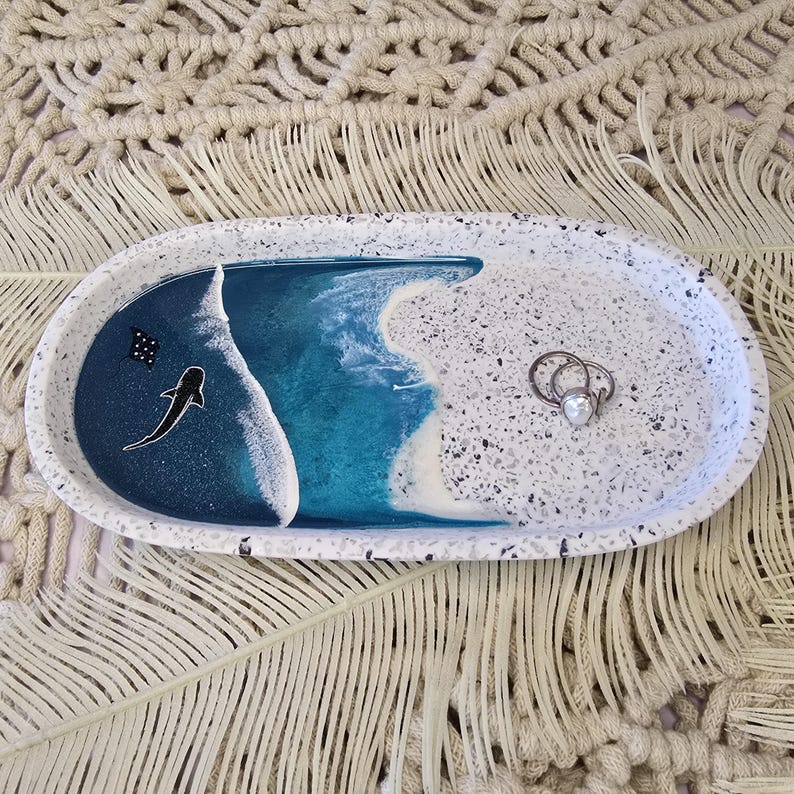 Trinket/Jewellery Tray Stingray & Shark - Beach/Ocean Inspired. Home Decor | Bathroom Tray | Terrazzo Tray | Jewellery Tray image 4
