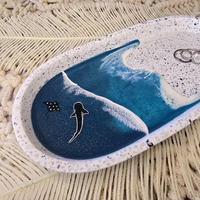 Trinket/Jewellery Tray Stingray & Shark - Beach/Ocean Inspired. Home Decor | Bathroom Tray | Terrazzo Tray | Jewellery Tray image 3