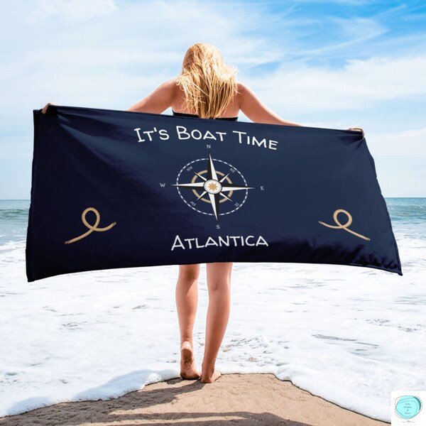 Maritime bath towel printed with compass design / "It's Boat Time" text personalized with boat name or desired name