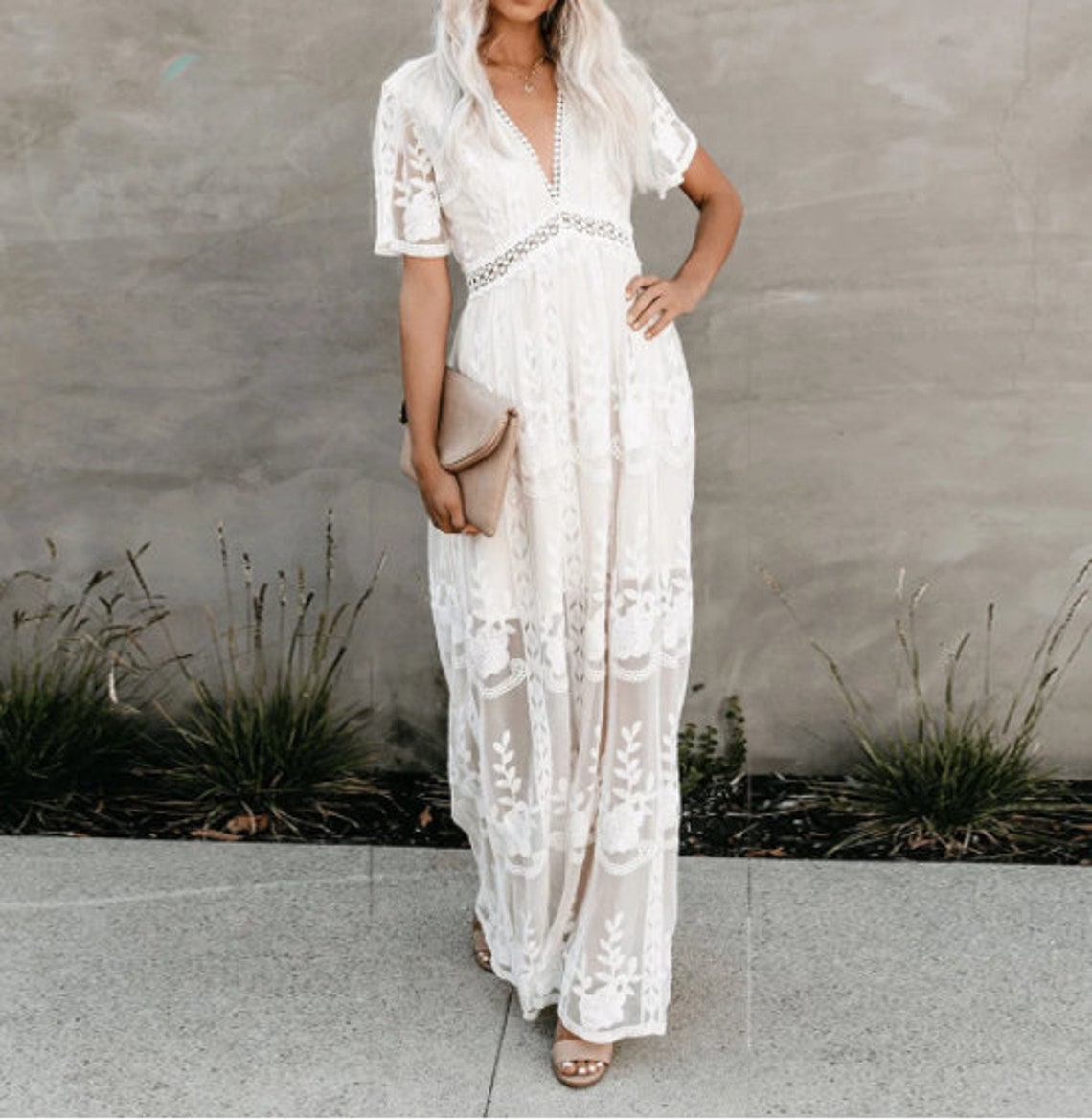 2021 Summer Boho Women Maxi Dress Loose Embroidery White Lace Etsy