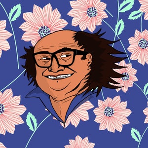 May include: A cartoon illustration of a man with brown hair, glasses, and a blue shirt with a pink floral pattern. The background is a blue color with pink flowers.
