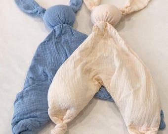 Organic Cotton Muslin Bunny Comforter, Powder Blue, Soft Pink Lovey, Newborn Security Blanket