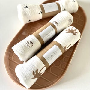 Organic Muslin Cotton Cloths: Soft Coastal Patterns. Palm Trees And Seashells