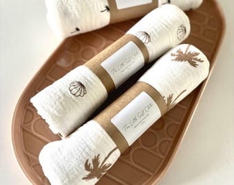 Organic Muslin Cotton Cloths: Soft Coastal Patterns. Palm Trees And Seashells