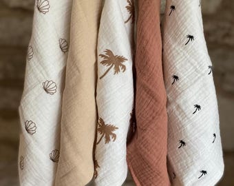 Organic Muslin Cotton Squares. SM 23x23cm . Palm Tree Pattern.