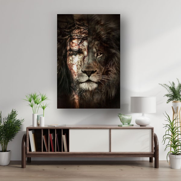 Toile de lion unique, décoration murale, toile à cadre en bois, cadeaux d’anniversaire, toile de lion du Lion de Juda Jésus