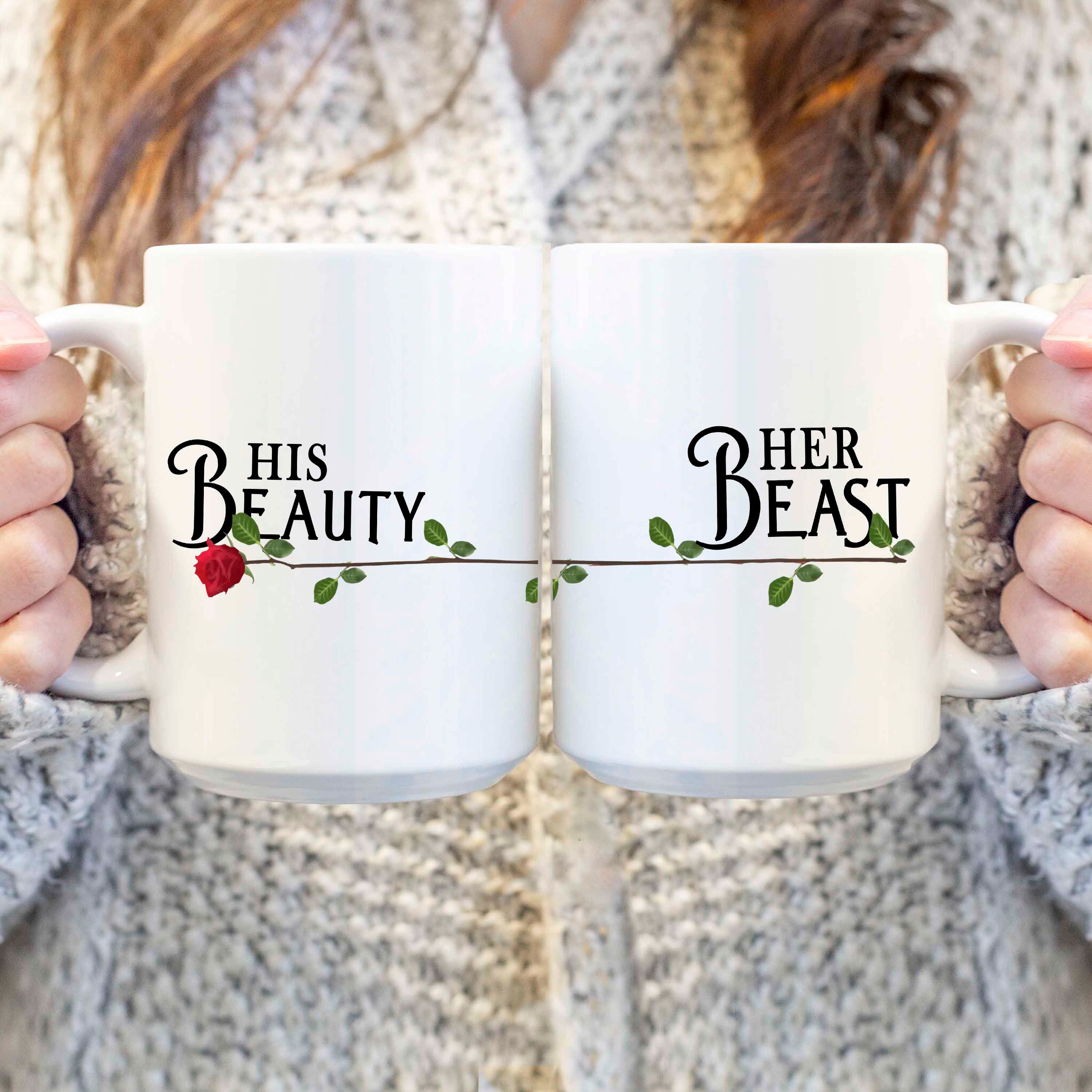 Disney Beauty Beast Couple Mugs Set/ His Hers Mr. and Mrs. Love Wedding  Anniversary Engagement Gold Metallic Coffee Mug Gift