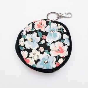 Fully  Lined Floral Zippered Round Coin Purse w/Clasp Hanger