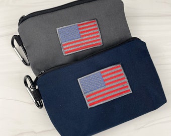 Nylon Pouch with USA Flag iron-On Patch. 5 Colors. Fits Largest iPhone. Water Resistant. Made in USA. (Incudes detachable black carabiner)