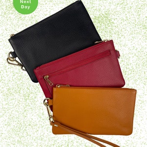 Cartera de mano fina de piel granulada con correa desmontable: se adapta a los teléfonos inteligentes más grandes; 3 colores vibrantes
