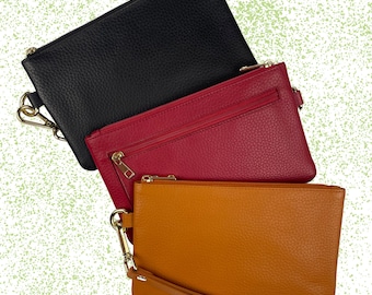 Slim Pebble Grain Leather Wristlet Clutch Wallet with Detachable Strap - Fits Largest Smartphones - 3 Vibrant Colors
