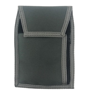May include: A gray zippered pouch with a smaller pocket on the front. The pouch is made of a durable fabric and has a black zipper.