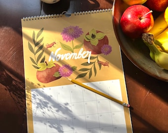 Calendario da parete botanico 2026 / Arte di frutta e insetti disegnata a mano