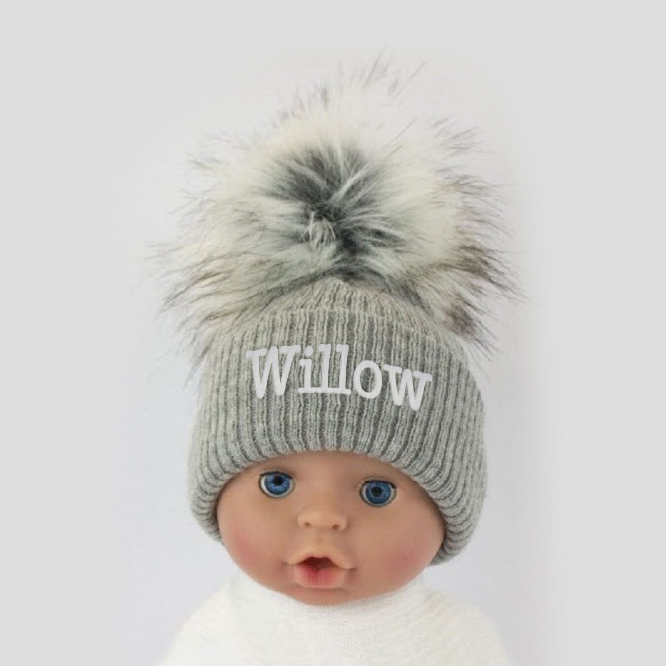 Personalised Unisex Baby Boy Girl Hat Faux Pom Pom Baby Shower Name Year 0-6M