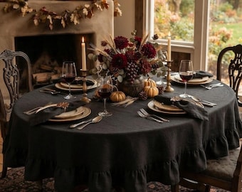 Black Linen Tablecloth with Ruffle Edge, Custom Oval & Round Table Cover, Natural Linen Floor Length Tablecloth, Thanksgiving Fall Decor