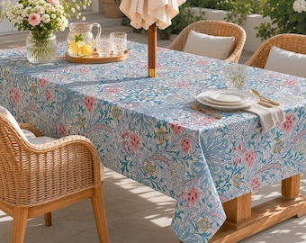William Morris Golden Lily Tablecloth, Linen Textured Patio Table Cover, Spill Resistant Outdoor Tablecloth with Umbrella Hole and Zipper
