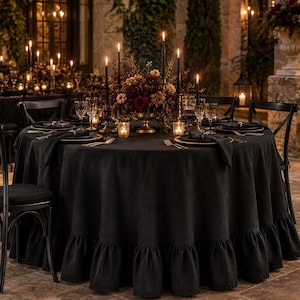 Black Natural Linen Ruffle Tablecloth, Round & Oval Custom Floor Length Wedding Table Decor, Gothic Romantic Decor, Oversized 120 Inch Round