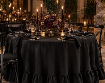 Black Natural Linen Ruffle Tablecloth, Round & Oval Custom Floor Length Wedding Table Decor, Gothic Romantic Decor, Oversized 120 Inch Round