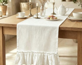 Premium Ruffled Cotton Table Runner, Soft Textured Fabric, Elegant Dining Styling, Neutral Minimalist Table Decor