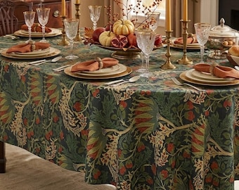 Custom Scottish Thistle Water-Resistant Oval Tablecloth, Linen Textured, Thanksgiving Table Decor, William Morris Botanical Fall Tablecloth