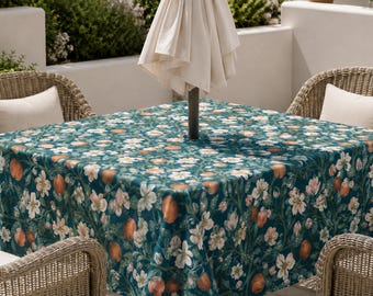 Rustic Orchard Farmhouse Spill Resistant Tablecloth, Cottagecore Botanical Table Cover, Umbrella Hole & Zipper, Linen Textured Patio Decor
