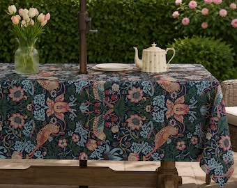 Strawberry Thief Blue Rectangle Tablecloth with Umbrella Hole & Zipper, Spill Resistant Linen Textured Patio Outdoor Table Cover