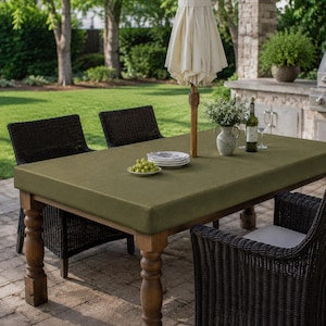 Thanksgiving Moss Olive Green Fitted Outdoor Tablecloth with Umbrella Hole, Rectangle & Square Patio Dining Table Cover, Elastic Edge