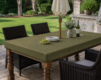 Toalha de mesa ajustável para exterior, verde musgo, com orifício para guarda-sol, para mesas de jantar retangulares e quadradas em pátios, com borda elástica.