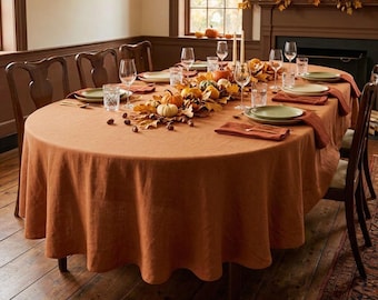 Custom - Burnt Orange Oval ＆ Round Natural Linen Tablecloth, Thanksgiving Tablecloth, Fall Table Decor, Farmhouse Table Cover