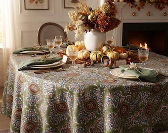 Amber Olive Harvest Tablecloth, Fall Thanksgiving Table Decor, Linen Textured Oval & Round Tablecloth, Water-Resistant Floral Table Cover