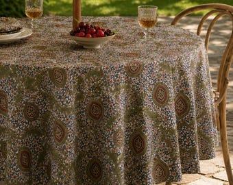 Amber Olive Harvest Round Tablecloth, Spill Resistant Linen Texture Table Cover with Umbrella Hole and Zipper, Vintage Botanical Decor