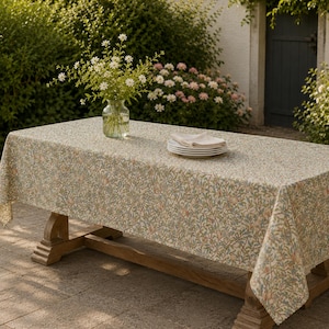 Custom Size Morris Thistle Tablecloth – Linen-Blend with Eco TPU Layer, Water-Repellent, Botanical Arts & Crafts, Indoor and Outdoor Dining