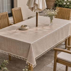 Rectangle Tablecloth with Umbrella Hole ＆ Zipper, Waterproof Patio Table Cover, Oatmeal Beige Oilcloth Style Tablecloth, Custom Sizes