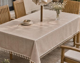 Toalha de mesa retangular com orifício para guarda-sol e zíper, capa de mesa impermeável para área externa, toalha de mesa estilo lona encerada bege aveia, tamanhos personalizados