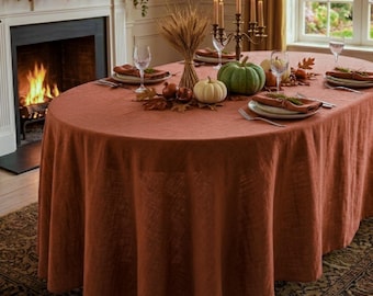 Oval ＆ Round Rust Natural Linen Tablecloth, Thanksgiving Fall Table Decor, Farmhouse Tablecloth, Autumn Table Cover, Rustic Harvest Decor