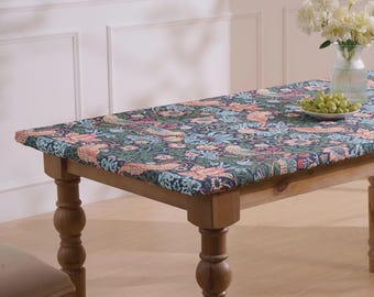 Strawberry Thief Blue Fitted Tablecloth, Custom Water-Resistant Linen-Textured Elastic Table Cover, Rectangle & Square