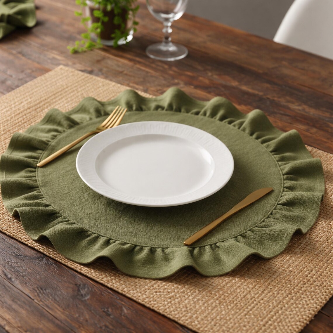 Hard Base Ruffle Mat Double Layered Heavyweight Cotton Linen Ruffled Placemats, Thick Round ...
