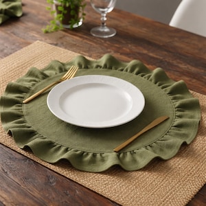 Double Layered Heavyweight Cotton Linen Ruffled Placemats, Thick Round Place Mats with Ruffle Edge, Quiet Luxury Table Decor, Set of 4