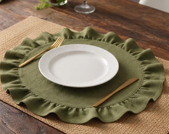 Double Layered Heavyweight Cotton Linen Ruffled Placemats, Thick Round Place Mats with Ruffle Edge, Quiet Luxury Table Decor, Set of 4
