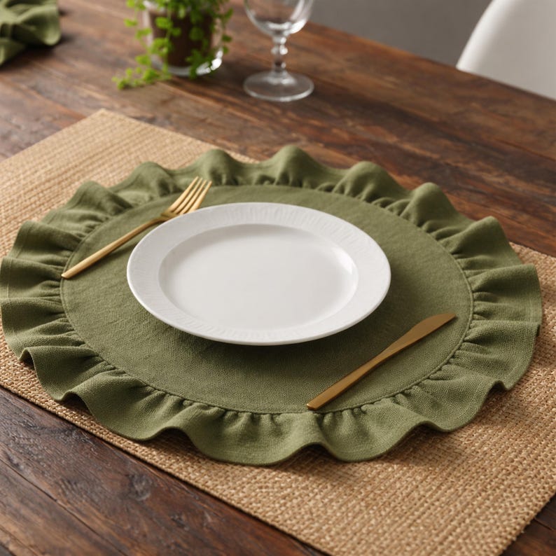 Double Layered Heavyweight Cotton Linen Ruffled Placemats, Thick Round Place Mats with Ruffle Edge, Quiet Luxury Table Decor, Set of 4