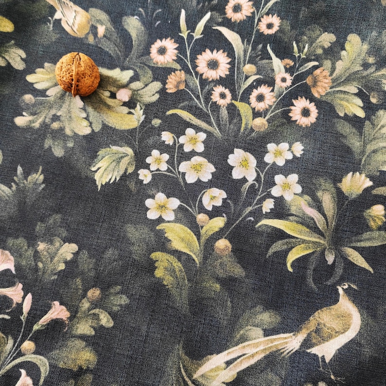 Linen-Textured Tablecloth, Vintage Botanical Table Cover, Romantic Dining Table Decor, Painterly Floral Design