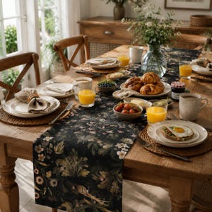 Dark Fern Finch Table Runner, Moody Botanical Halloween & Christmas Table Decor, Elegant Fall Dining Decor, Linen-Textured
