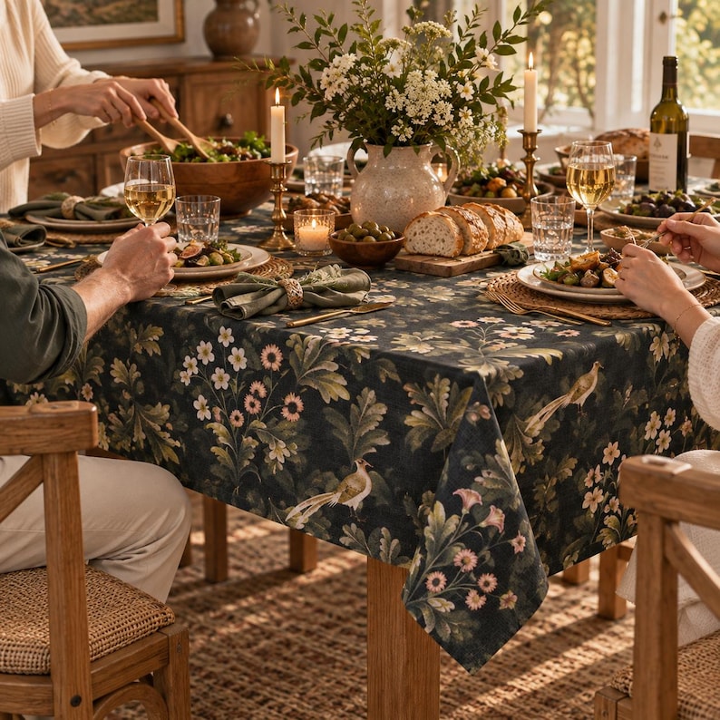 Dark Fern & Finch floral bird tablecloth draped over a wooden dining table, featuring a deep navy background with delicate botanical foliage, cream flowers, and vintage birds. Styled for an elegant autumn dinner with matching napkins, candlelight, and natural wood accents.