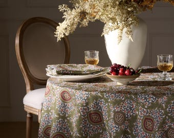Spring Amber Olive Harvest Round Tablecloth, Custom Size Linen-Textured Table Cover, Spring Dining Decor for Farmhouse Homes