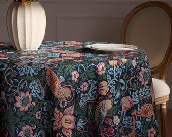 Round Water-Resistant Strawberry Thief Tablecloth, Extra Wide William Morris Table Cover, Linen-Textured Cottage Floral Cloth